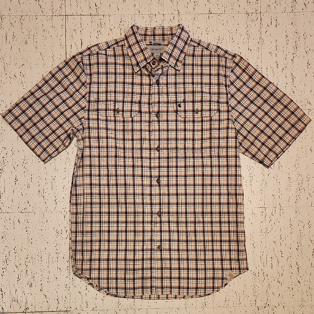 Carhartt Tan Plaid Short Sleeve Button Down Burberry Style Casual Dress Shirt